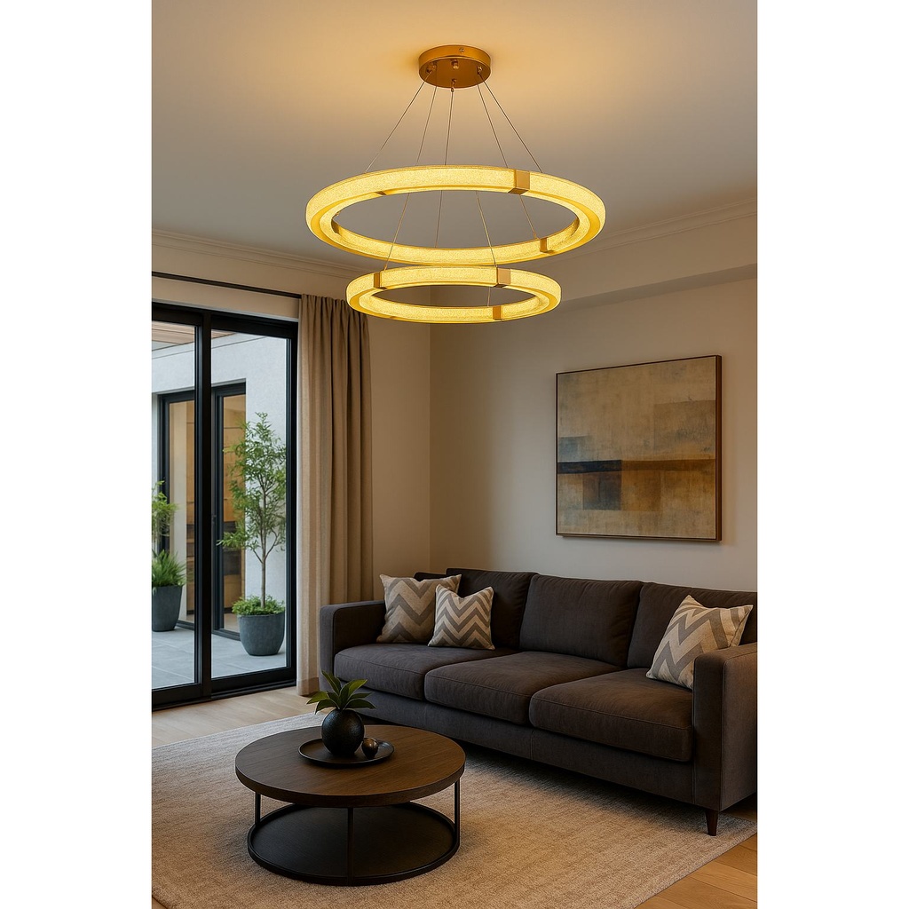 Modern Gold LED Ring Chandelier – Adjustable Double Circle Pendant Light for Dining Room, Living Room & High Ceilings
