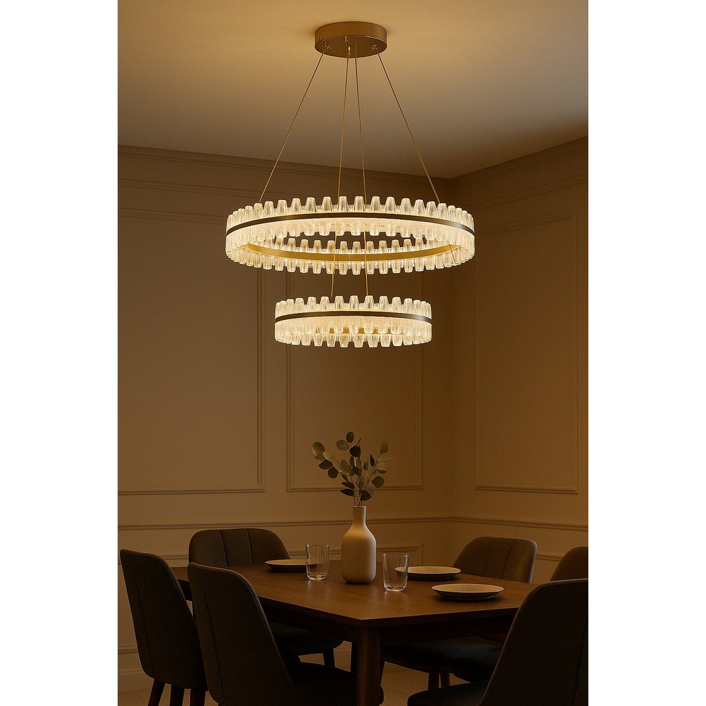 Luxury Crystal LED Chandelier – Modern Dual-Ring Pendant Light with Sleek Gold & Glass Design for Dining Room & Foyer
