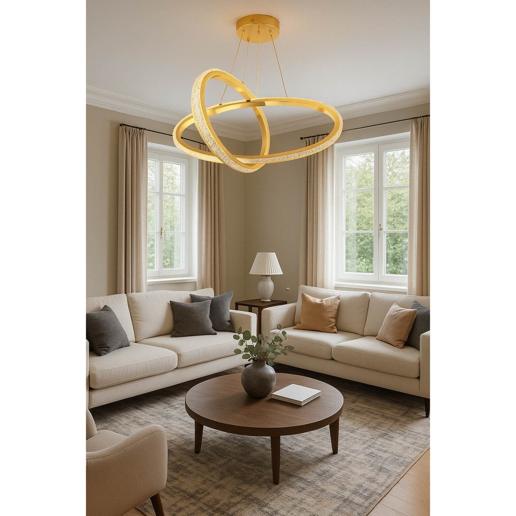 Modern Gold Orbit LED Chandelier – Luxury Double-Ring Pendant Light with Crystal Accents for Living Room & Dining Area
