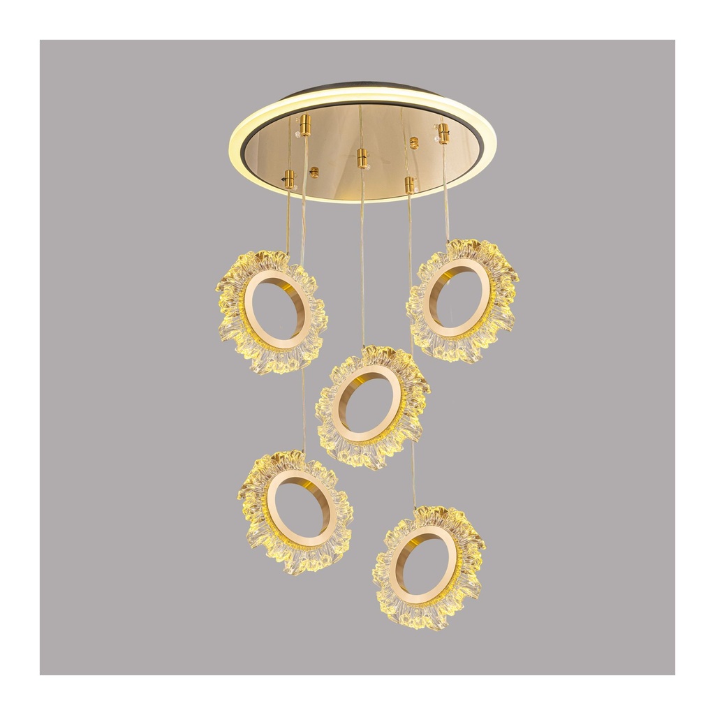 Luxury LED Crystal Pendant Light – Modern Gold Ring Cluster for Staircases & High Ceilings
