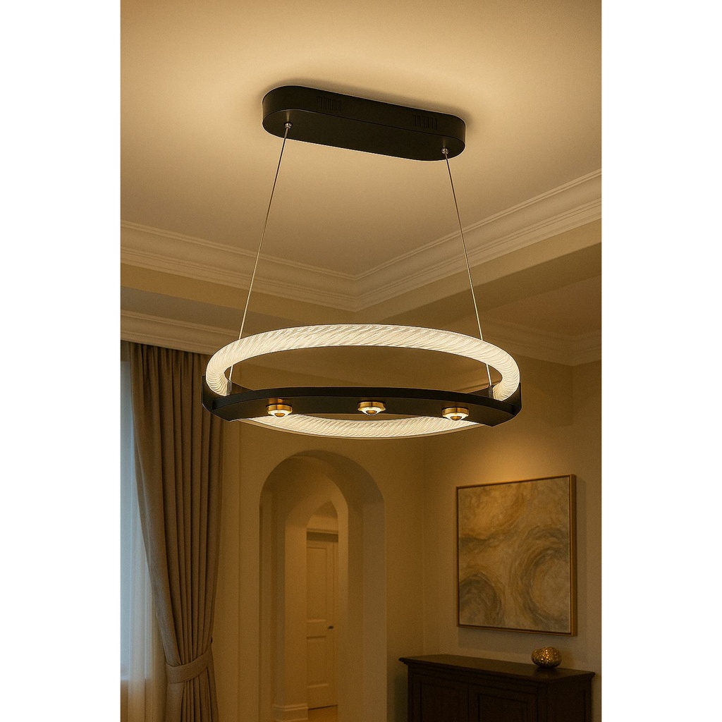 Modern LED Circular Chandelier – Black & Gold Elegance