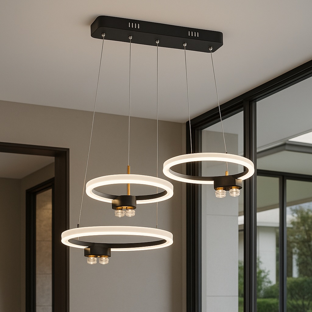 Luxury Triple Ring LED Chandelier – Modern Black & Gold Statement Lighting