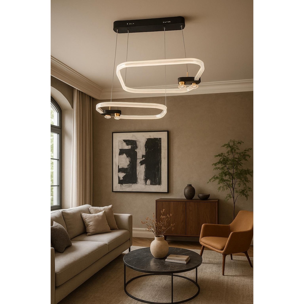 Modern Geometric LED Chandelier – Black & Gold Double-Layer Hanging Light for Dining & Living Room