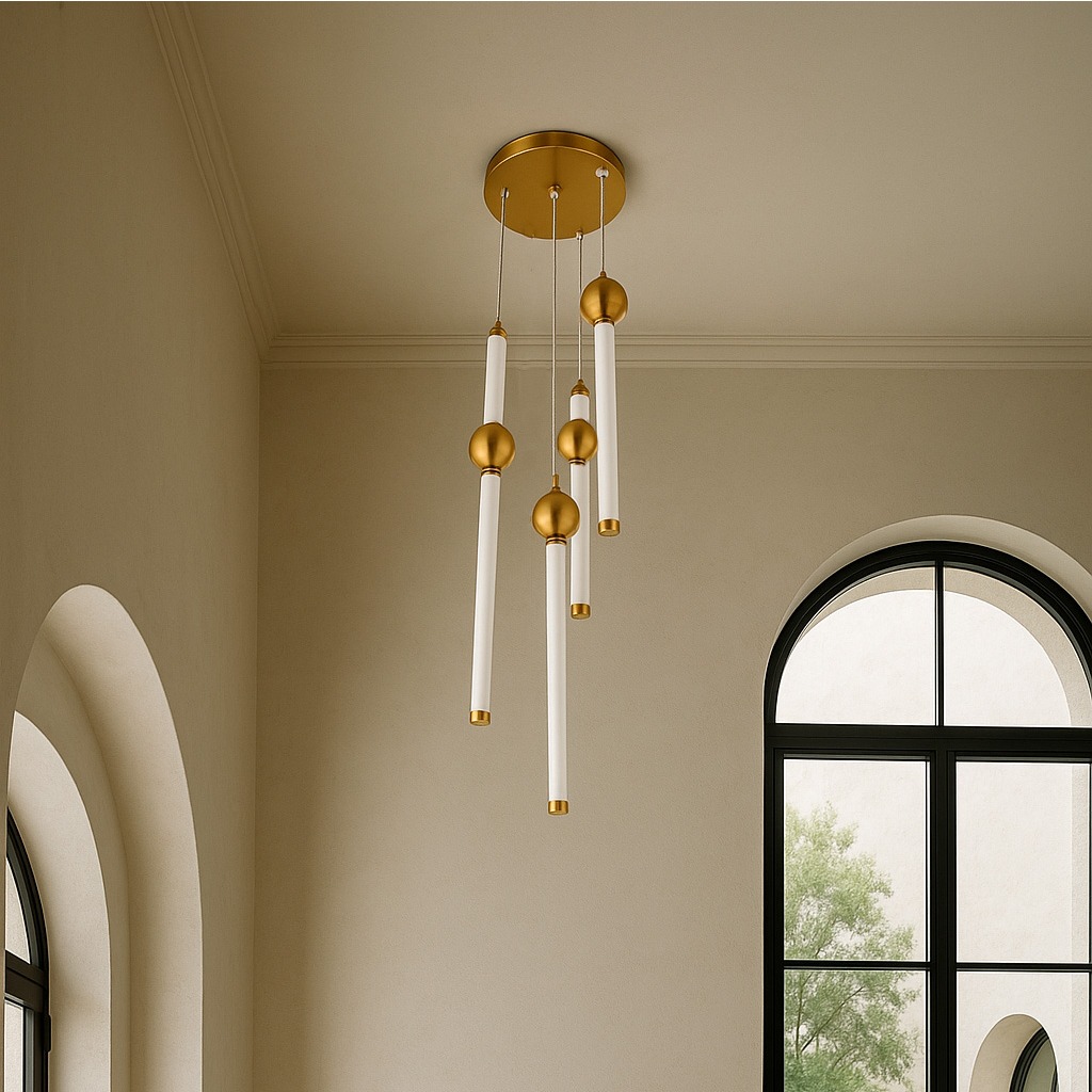 Luxury LED Chandelier – Gold & White Modern Pendant Light
