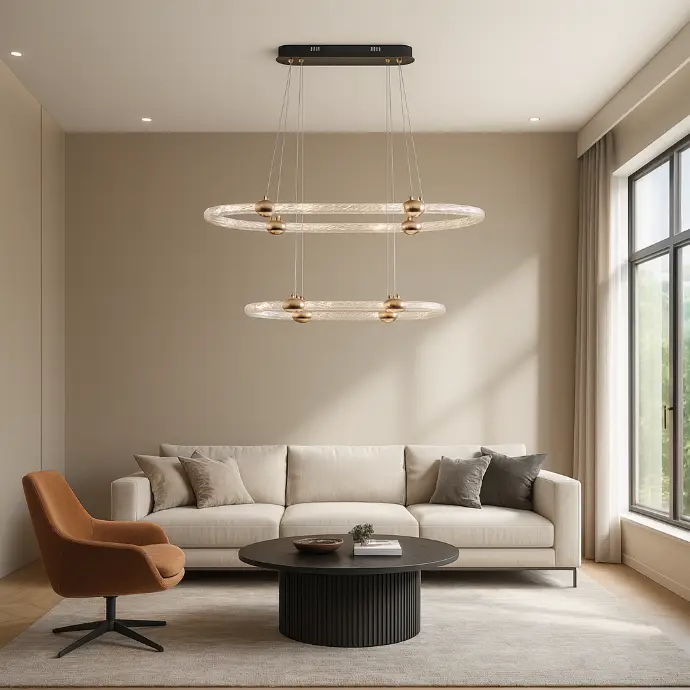 نجفة LED كريستالية مزدوجة الحلقات – إضاءة عصرية مميزة